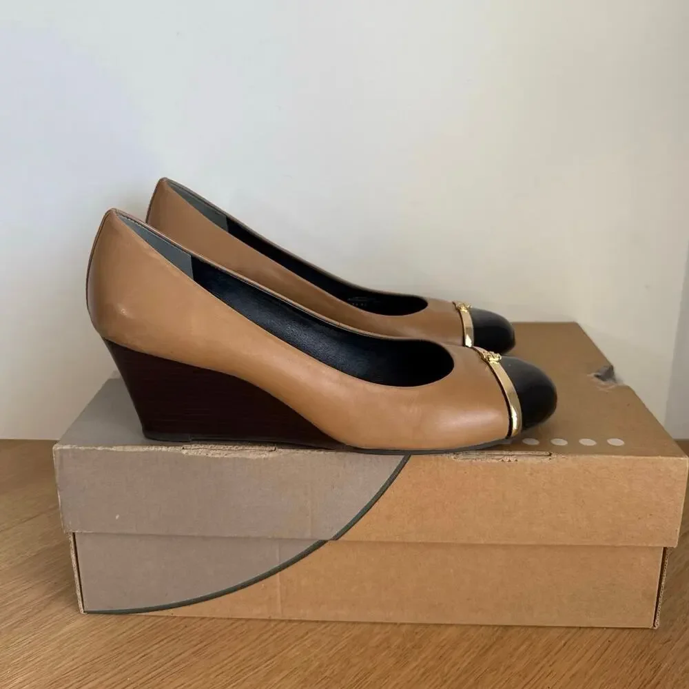 Tory Burch Pacey Tan/Patent Black Cap Toe Women Wedge Heels - SZ 9.5